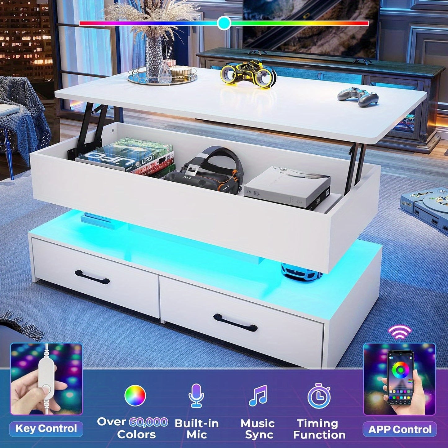 40" Lift-Top Coffee Table with LED Light & Storage Shelves - Adjustable Height, USB-Powered Modern Design, Large Capacity for Living Room, Bedroom, Office, Coffee Table for Living Room, Contemporary Furniture, Sleek Metal Fin