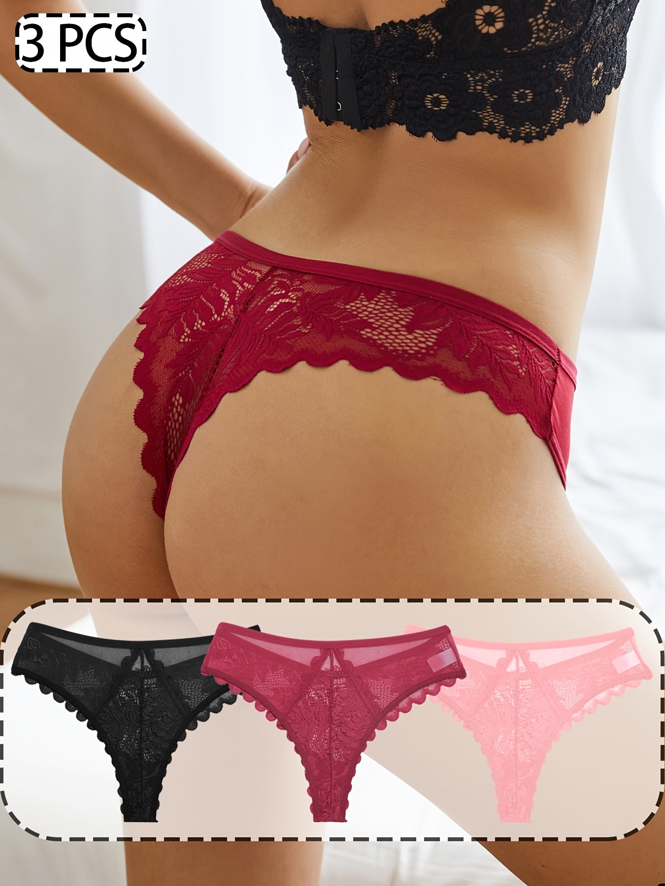 3 Pcs Sexy Lacy Trim Briefs, Breathable Semi-Sheer Thong - Women's Lingerie & Underwear - Lace Trim & Breathable Fabric - For Women - Perfect for Romantic Occasions - Ideal Gift for Her