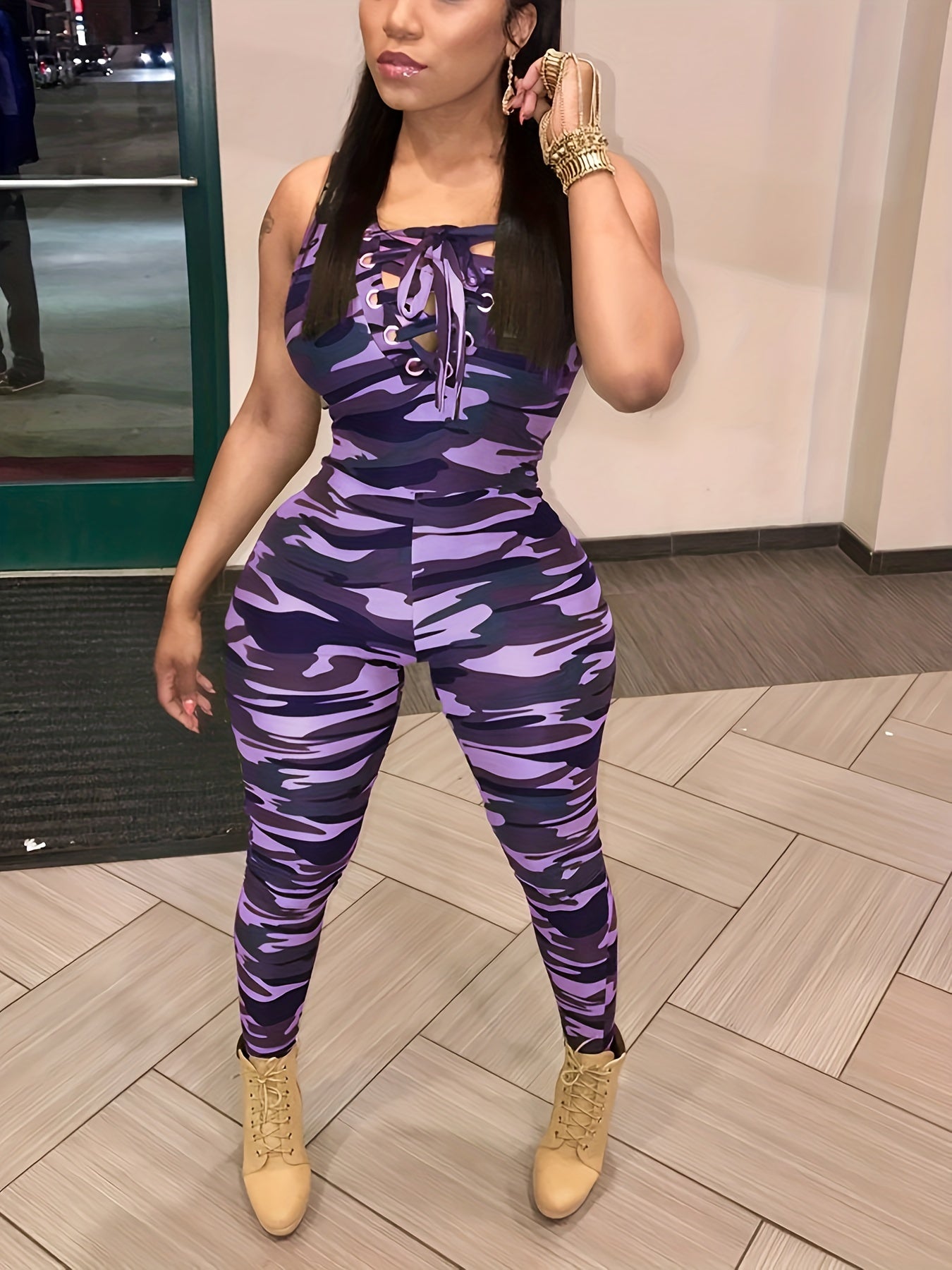 Sleeveless Leopard Print Sexy Jumpsuit, Skinny Camouflage Knitted Jumpsuit, Women's Clothing