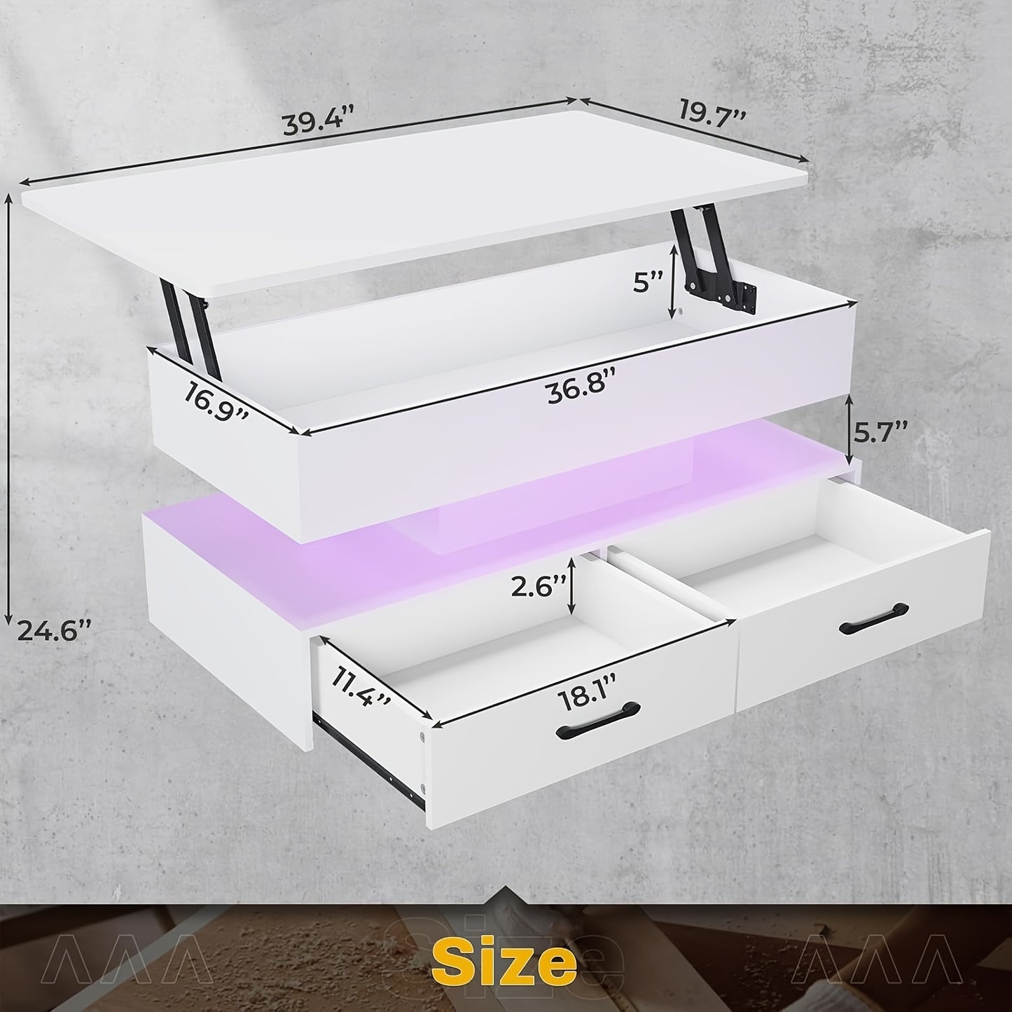 40" Lift-Top Coffee Table with LED Light & Storage Shelves - Adjustable Height, USB-Powered Modern Design, Large Capacity for Living Room, Bedroom, Office, Coffee Table for Living Room, Contemporary Furniture, Sleek Metal Fin