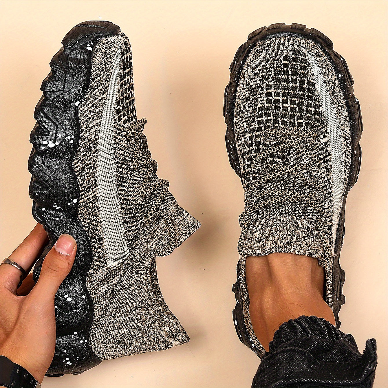 Men'S Casual Sneakers - Breathable Knit Upper, Geometric Pattern, Lace-Up Closure, Durable Rubber Sole, Comfortable Fabric Lining for Spring Sports & Casual Attire, Athletic Footwear | Geometric Pattern Shoes | Knit Construct