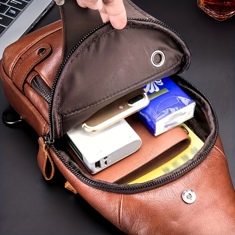 Fashion-Forward Men's Genuine Leather Bag: Adjustable, Spacious & Detailed for All Outings