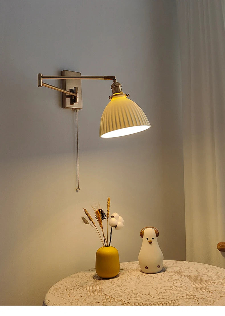 New Swing Arm Wall Lamp Nordic Bedroom Bedside Study Living Room Vinatge Brass Led Wall Sconce Creative Creamic Wall Lights