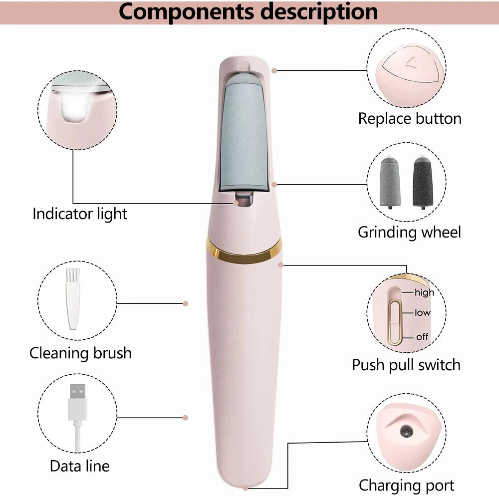 Electric Foot File Grinder Set Dead Skin Dry Callus Remover Rechargeable Roller Feet Pedicure Tool with 2 Removable Roller Heads