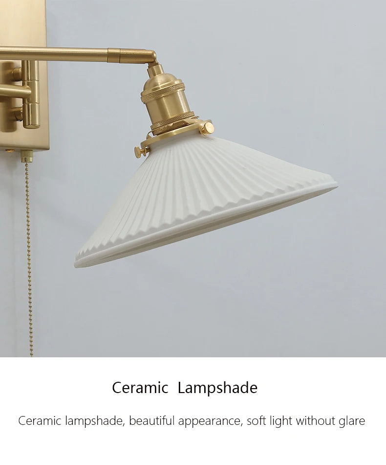 New Swing Arm Wall Lamp Nordic Bedroom Bedside Study Living Room Vinatge Brass Led Wall Sconce Creative Creamic Wall Lights