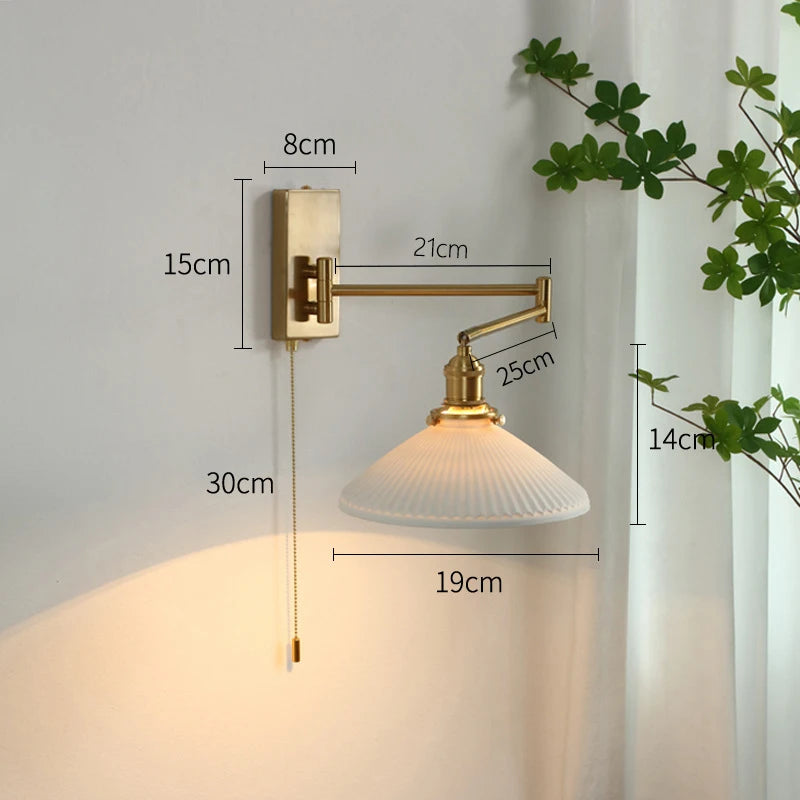 New Swing Arm Wall Lamp Nordic Bedroom Bedside Study Living Room Vinatge Brass Led Wall Sconce Creative Creamic Wall Lights
