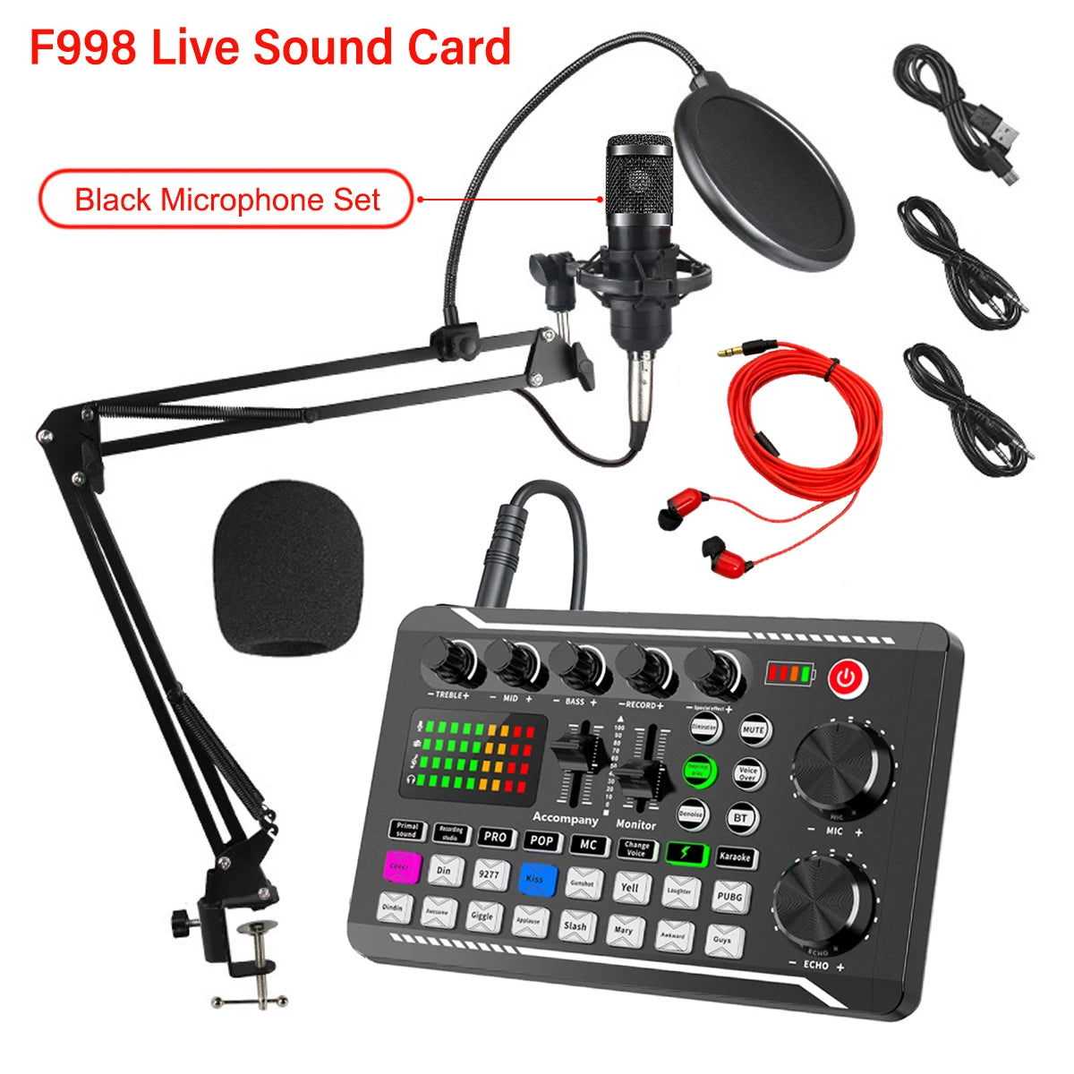 Podcast Live Streaming Bundle, F998 Wireless Bluetooth Live Sound Card with Microphone Set Mixer Recording Studio Live broadcast