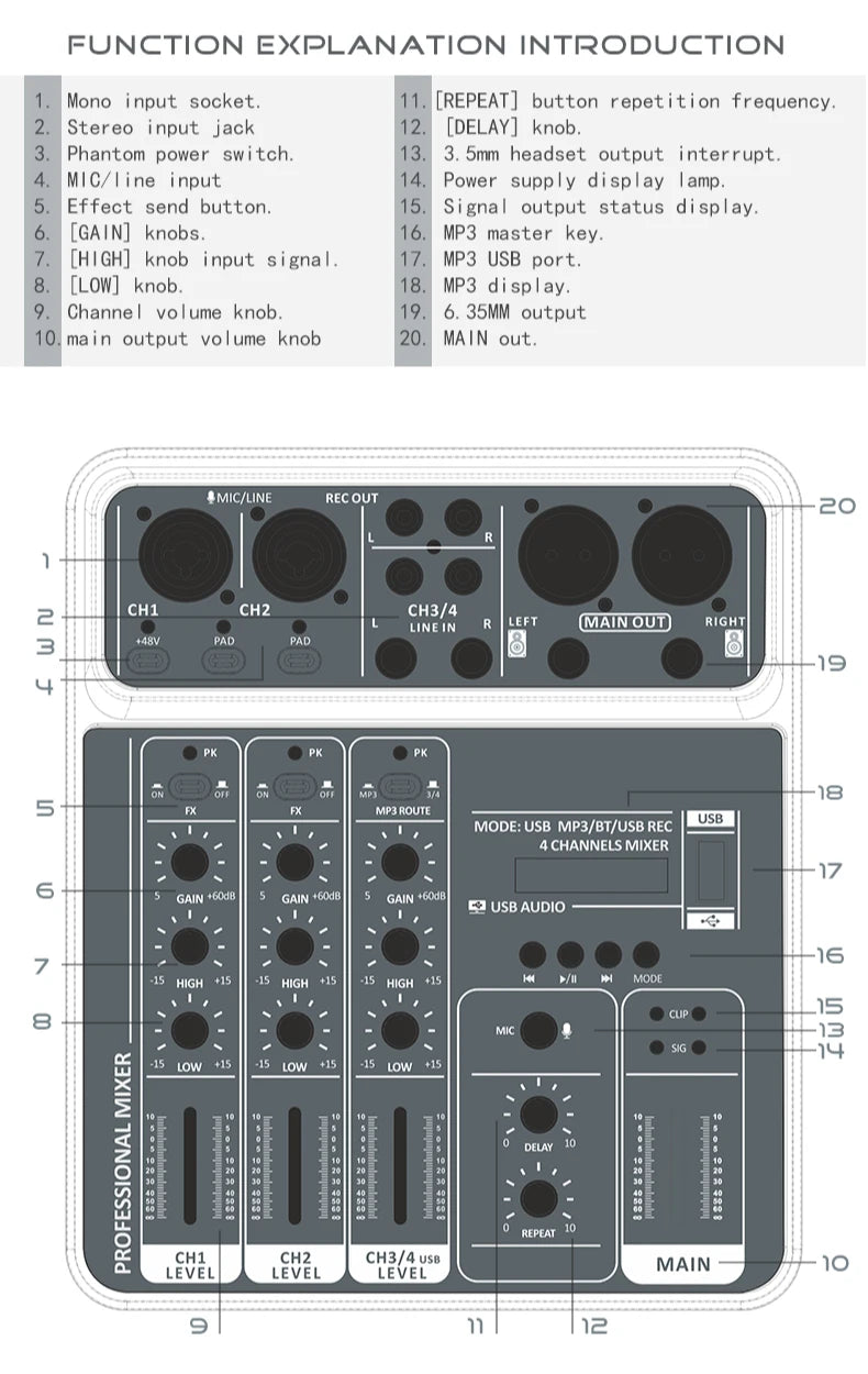 4 Channel Audio Mixer 48V Phantom Power USB Studio Sound Mixers Bluetooth DJ Console Mixing for Karaok