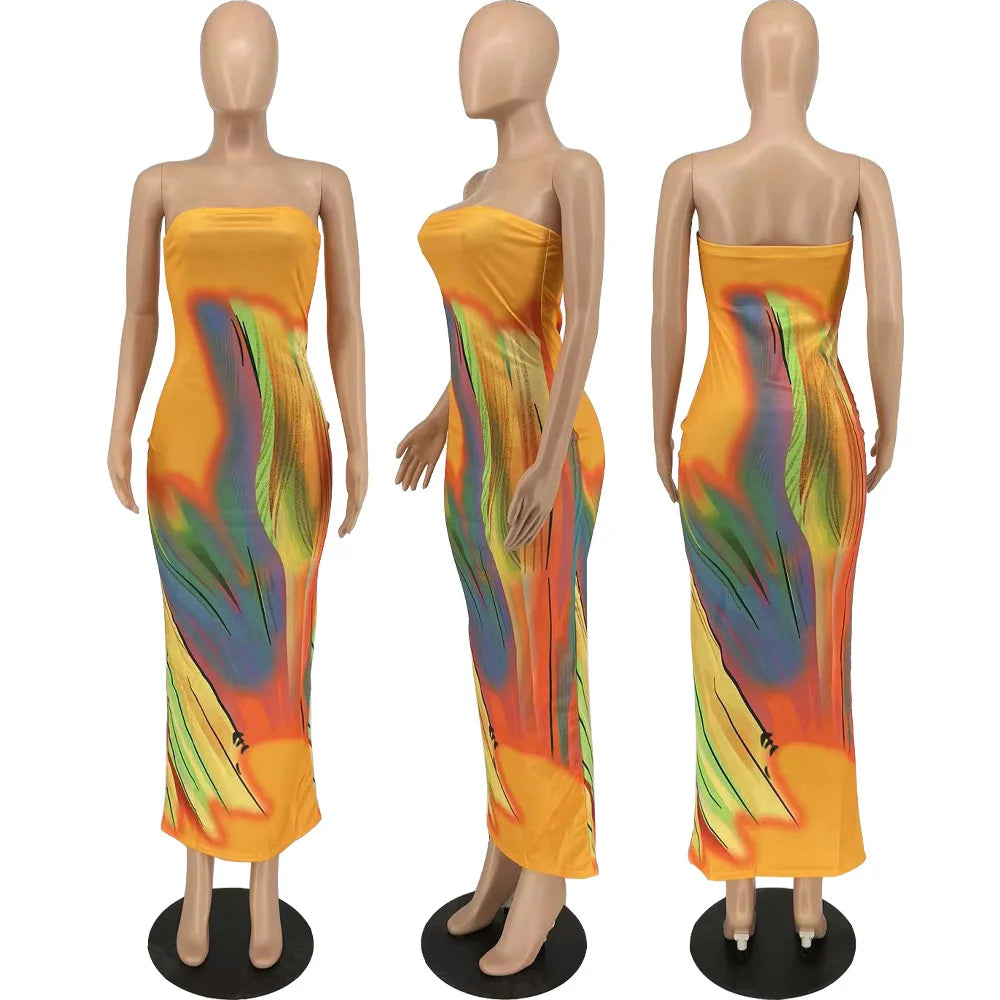 2025 Sundress Woman Summer Backless Tube Dresses Streetwear Casual Party Fashion Aesthetic Print Strapless Bodycon Maxi Dress