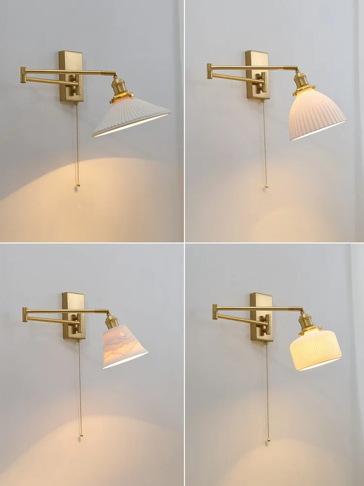 New Swing Arm Wall Lamp Nordic Bedroom Bedside Study Living Room Vinatge Brass Led Wall Sconce Creative Creamic Wall Lights