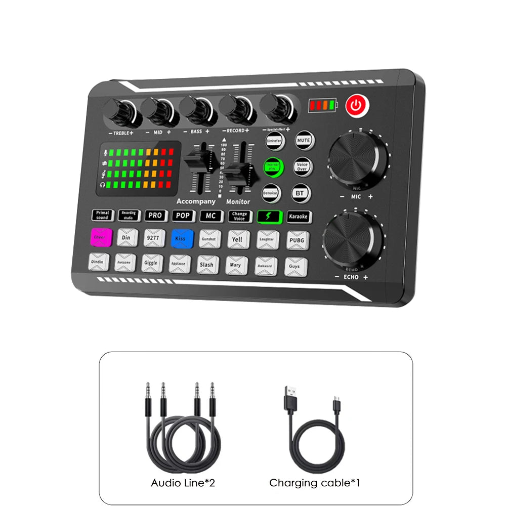 Podcast Live Streaming Bundle, F998 Wireless Bluetooth Live Sound Card with Microphone Set Mixer Recording Studio Live broadcast