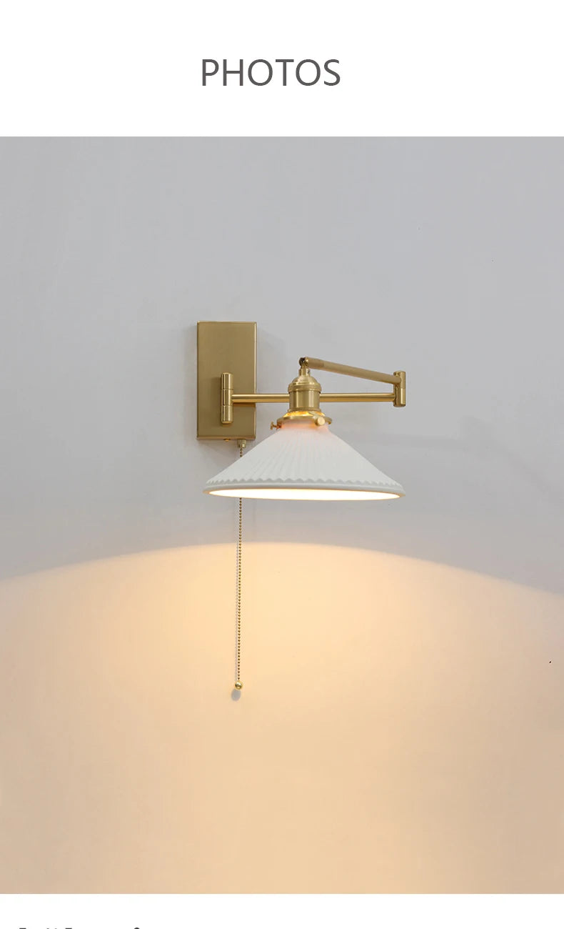 New Swing Arm Wall Lamp Nordic Bedroom Bedside Study Living Room Vinatge Brass Led Wall Sconce Creative Creamic Wall Lights