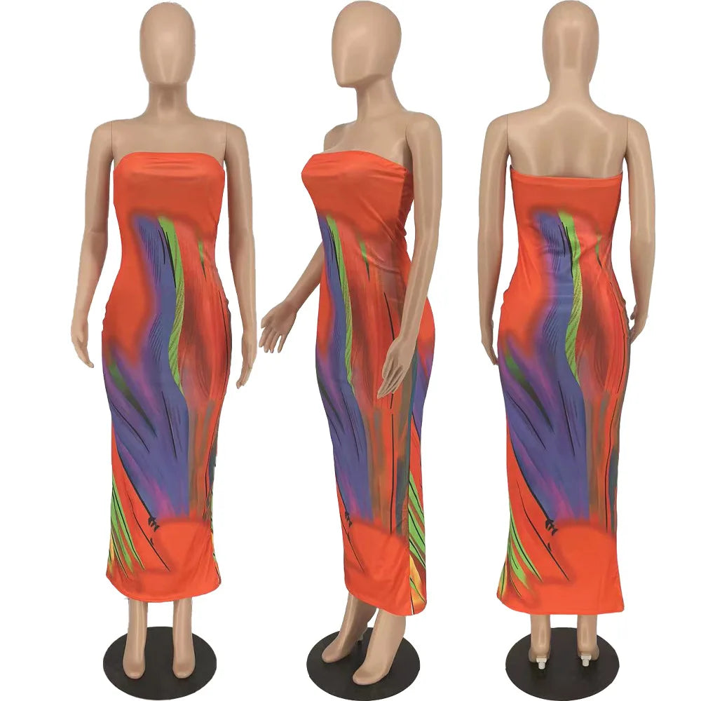 2025 Sundress Woman Summer Backless Tube Dresses Streetwear Casual Party Fashion Aesthetic Print Strapless Bodycon Maxi Dress