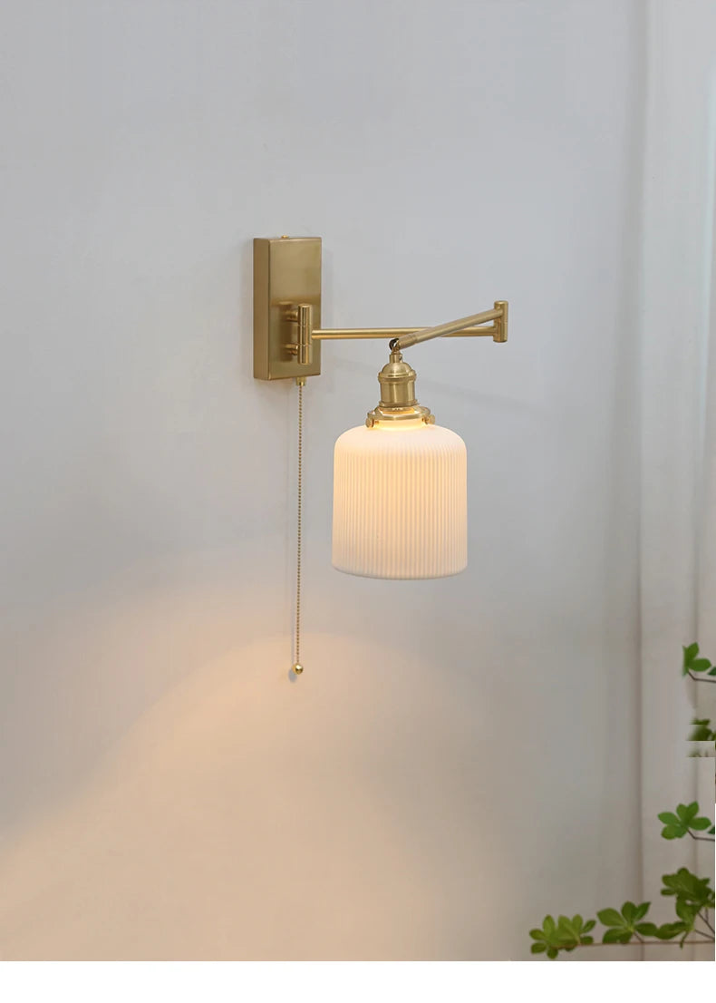 New Swing Arm Wall Lamp Nordic Bedroom Bedside Study Living Room Vinatge Brass Led Wall Sconce Creative Creamic Wall Lights