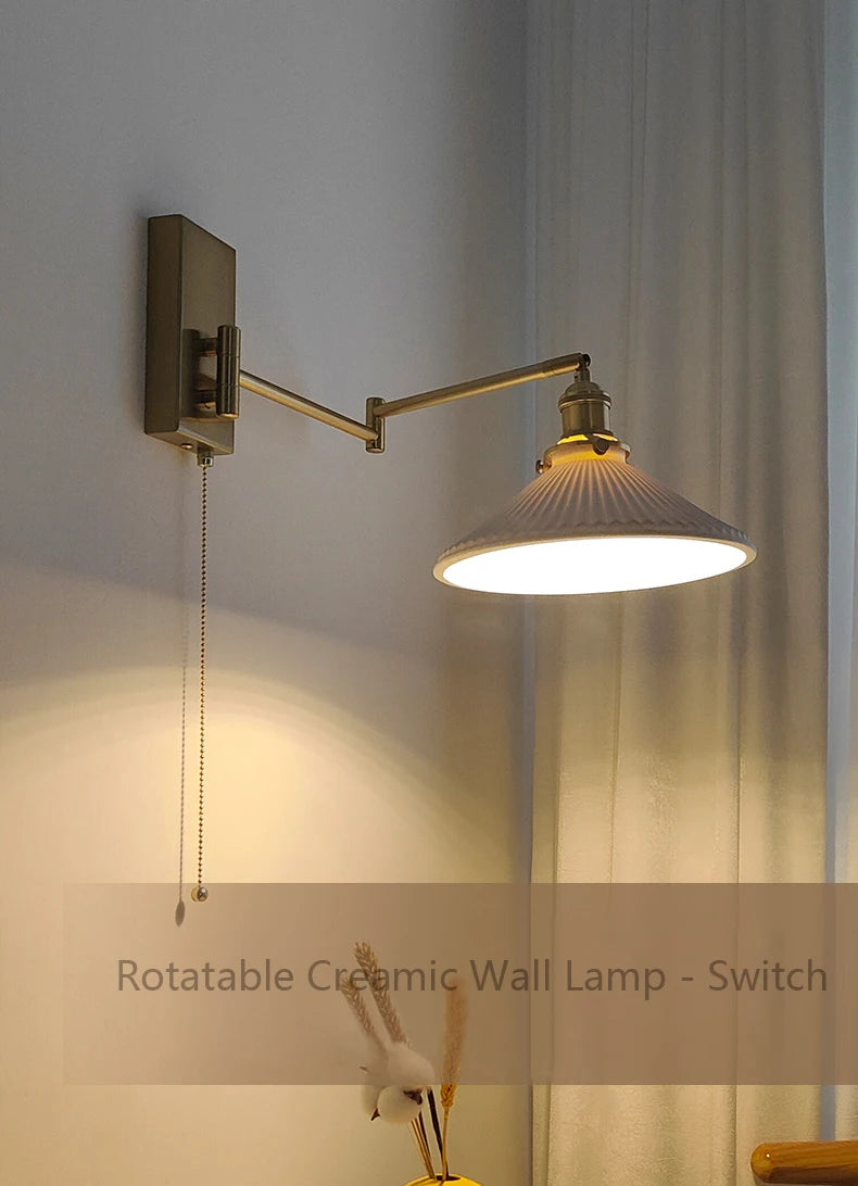 New Swing Arm Wall Lamp Nordic Bedroom Bedside Study Living Room Vinatge Brass Led Wall Sconce Creative Creamic Wall Lights