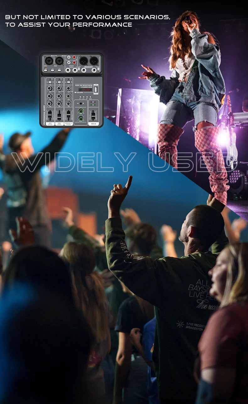 4 Channel Audio Mixer 48V Phantom Power USB Studio Sound Mixers Bluetooth DJ Console Mixing for Karaok