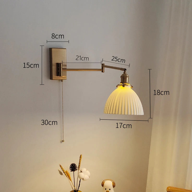 New Swing Arm Wall Lamp Nordic Bedroom Bedside Study Living Room Vinatge Brass Led Wall Sconce Creative Creamic Wall Lights