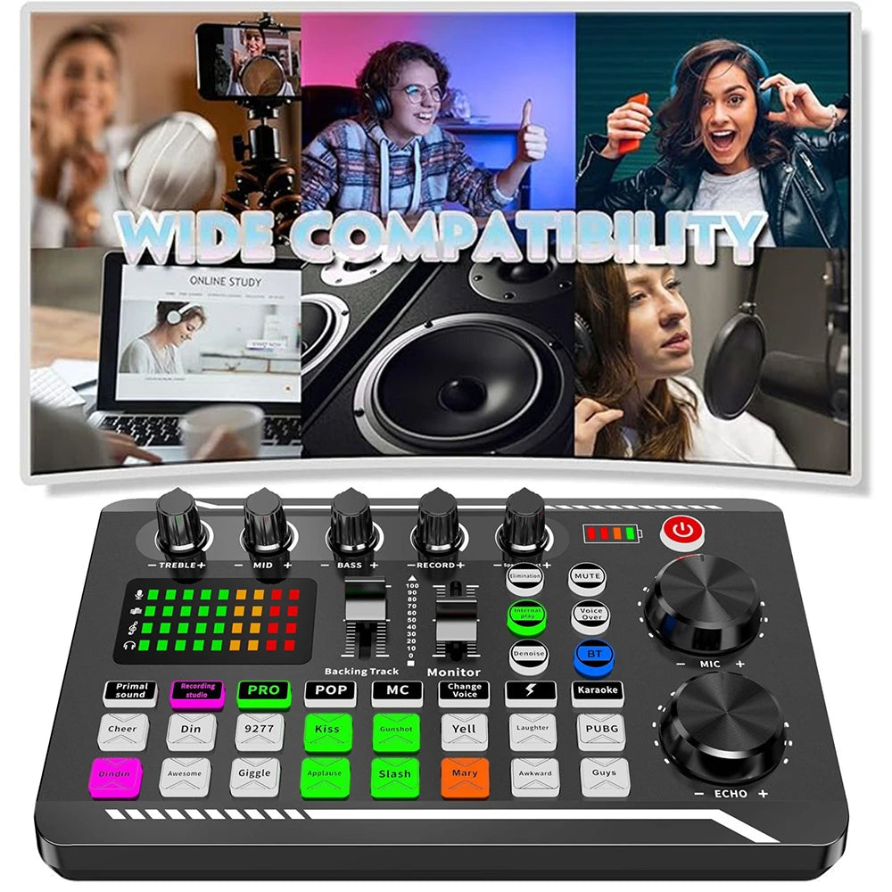 Podcast Live Streaming Bundle, F998 Wireless Bluetooth Live Sound Card with Microphone Set Mixer Recording Studio Live broadcast