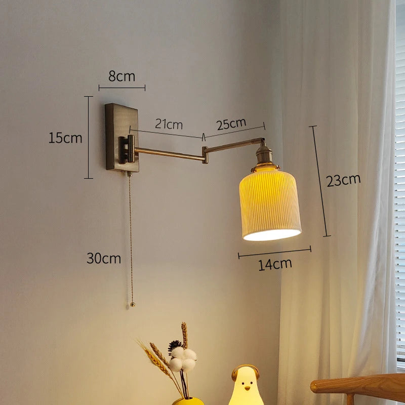 New Swing Arm Wall Lamp Nordic Bedroom Bedside Study Living Room Vinatge Brass Led Wall Sconce Creative Creamic Wall Lights
