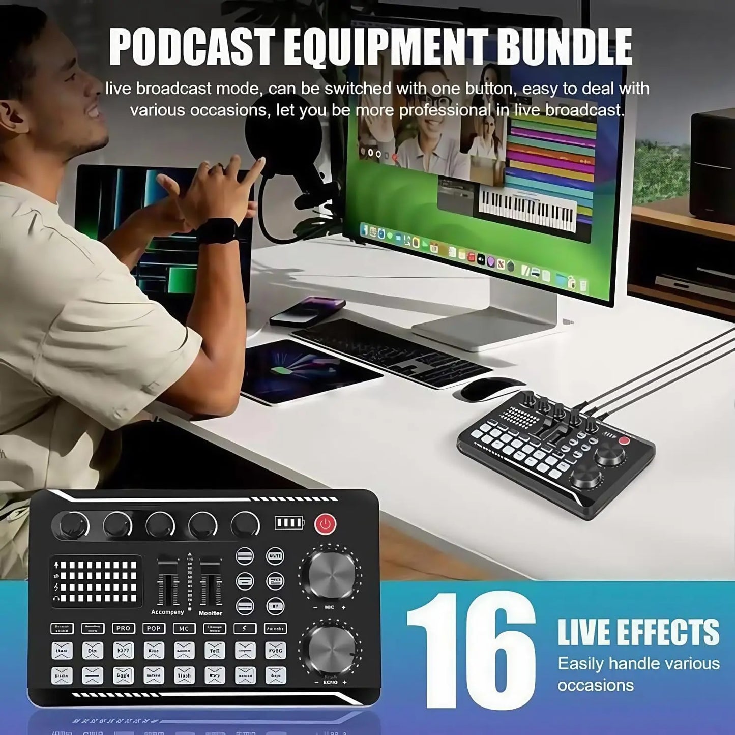 Podcast Live Streaming Bundle, F998 Wireless Bluetooth Live Sound Card with Microphone Set Mixer Recording Studio Live broadcast