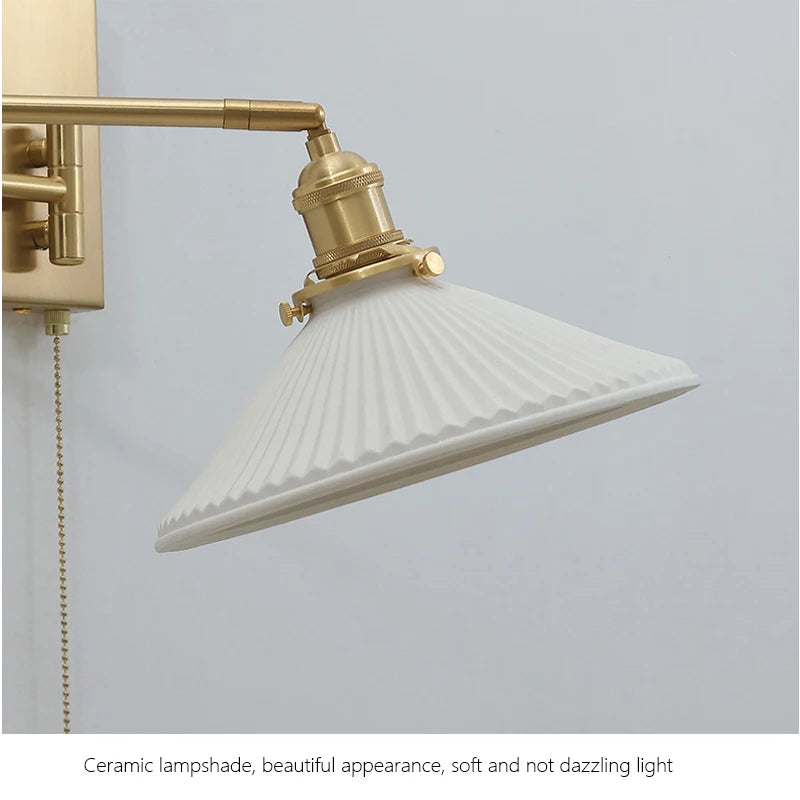 New Swing Arm Wall Lamp Nordic Bedroom Bedside Study Living Room Vinatge Brass Led Wall Sconce Creative Creamic Wall Lights
