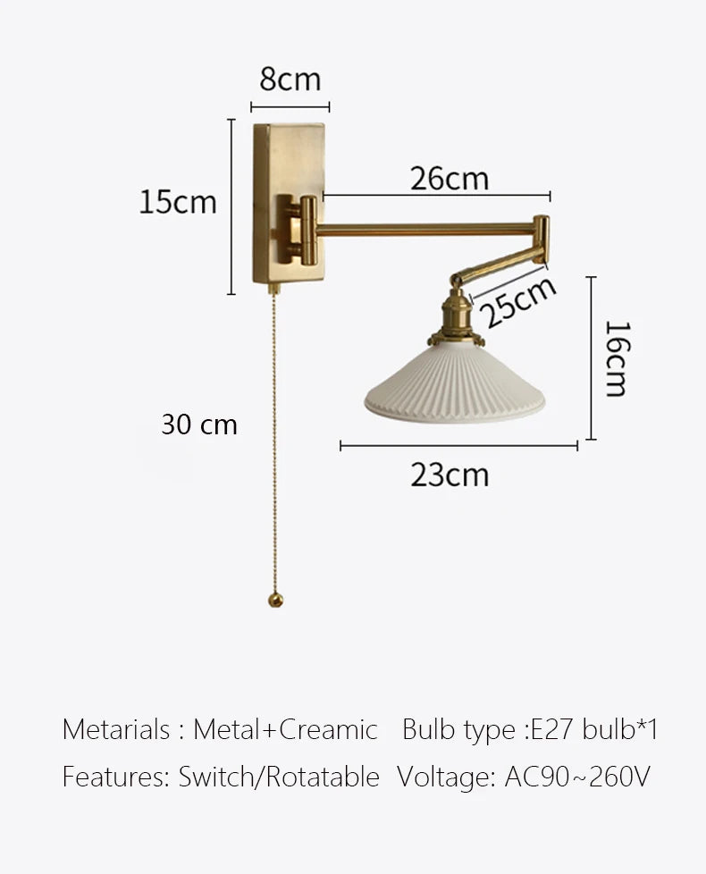 New Swing Arm Wall Lamp Nordic Bedroom Bedside Study Living Room Vinatge Brass Led Wall Sconce Creative Creamic Wall Lights