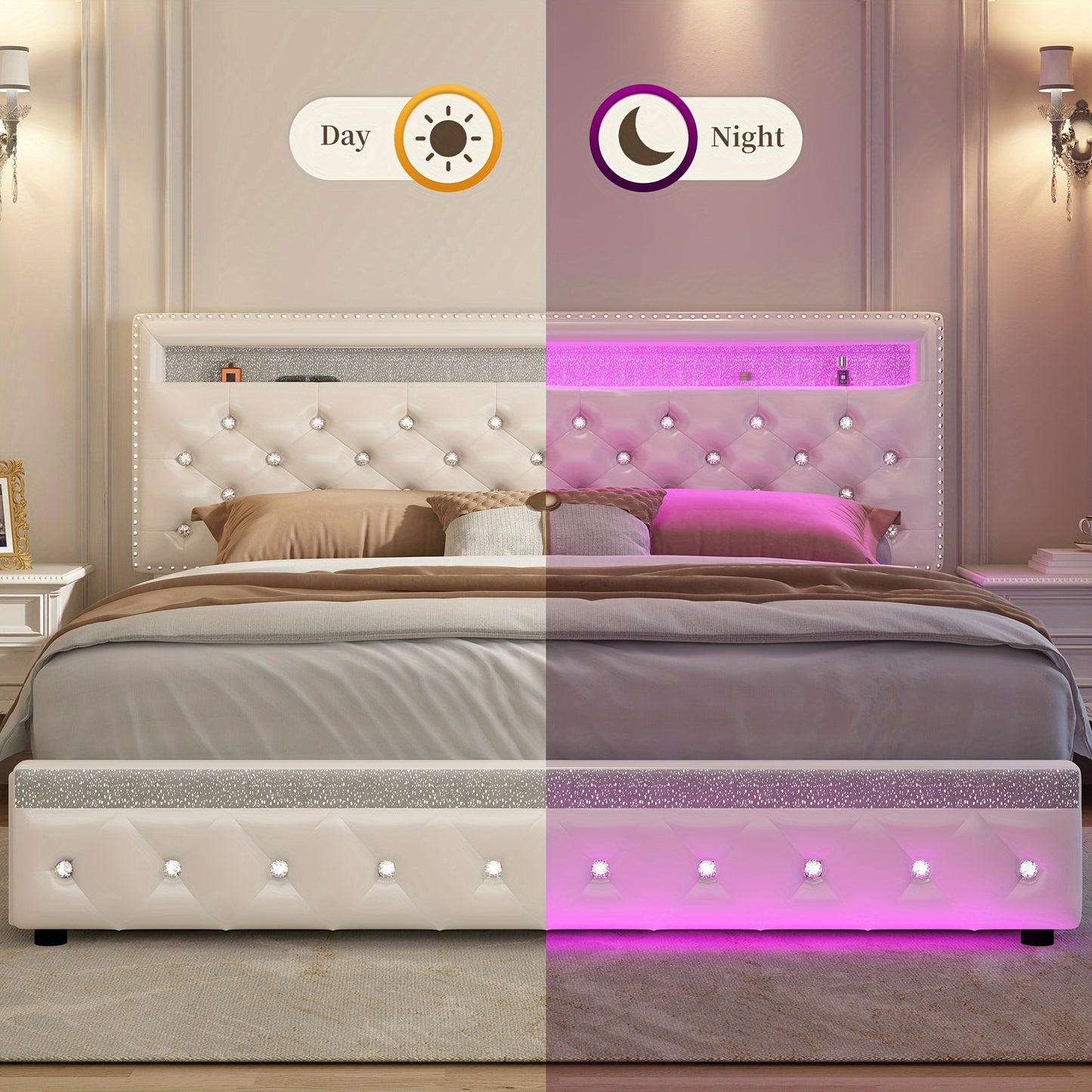 Sibeds Queen Size Bed Frame With LED Lights, Upholstered Bed Frames Full With 2 Storage Drawers, King Size Platform Bed With Adjustable Crystal Button Tufted Headboard, No Box Spring Needed, PU Luxury Beds Girls Men'S Bedroom