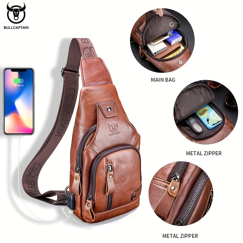 Fashion-Forward Men's Genuine Leather Bag: Adjustable, Spacious & Detailed for All Outings