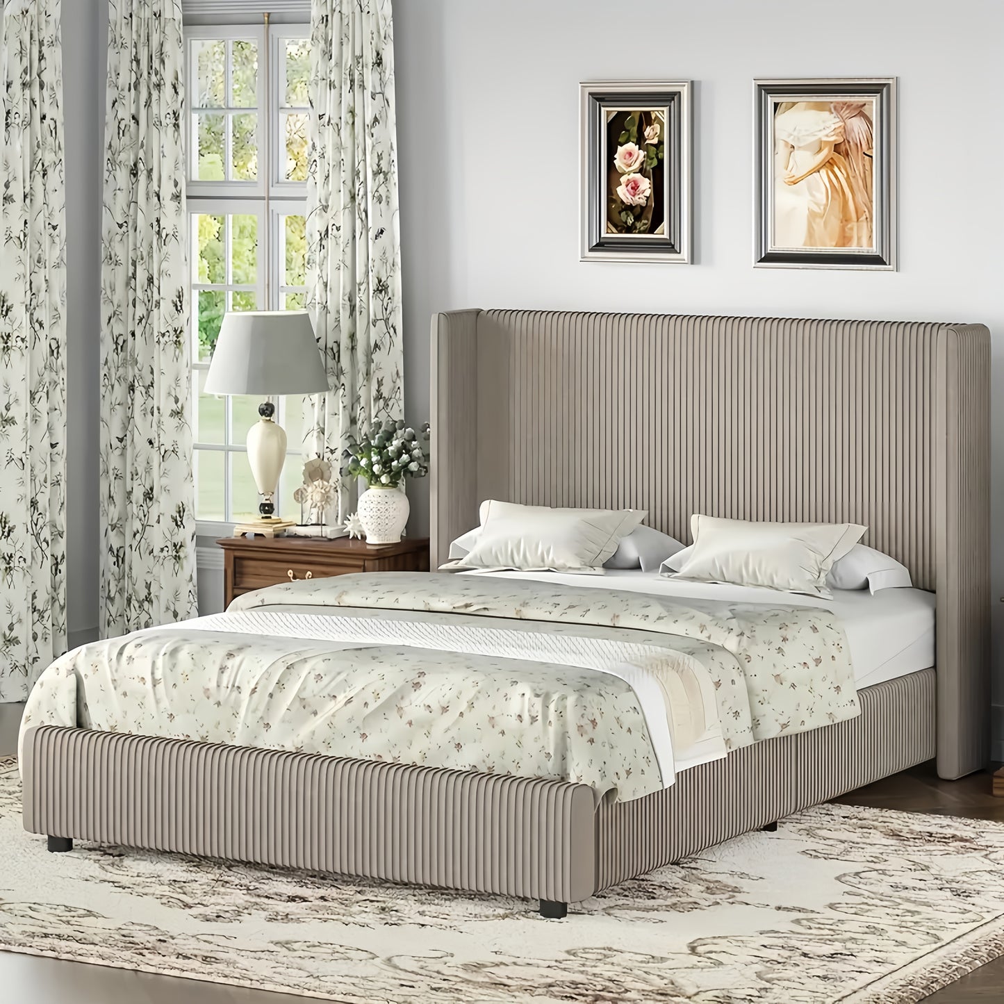 Bedroom Furniture| Elegant Beige Corduroy Upholstered Bed Frame - Soft, Low Profile Platform Bed with Vertical Tufted Headboard, No Box Spring Needed, Easy Assembly, Hardwood Fiber Board, Full Body Support, Bed Accessories