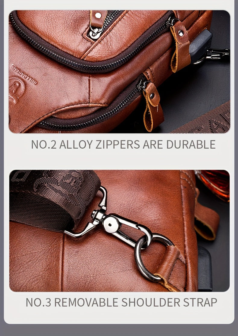 Fashion-Forward Men's Genuine Leather Bag: Adjustable, Spacious & Detailed for All Outings