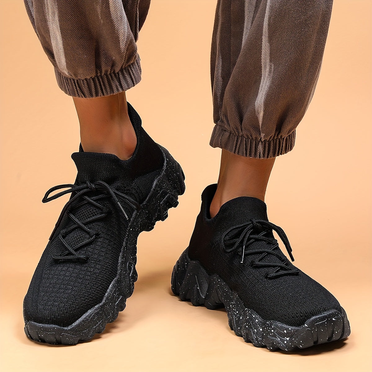 Men'S Casual Sneakers - Breathable Knit Upper, Geometric Pattern, Lace-Up Closure, Durable Rubber Sole, Comfortable Fabric Lining for Spring Sports & Casual Attire, Athletic Footwear | Geometric Pattern Shoes | Knit Construct