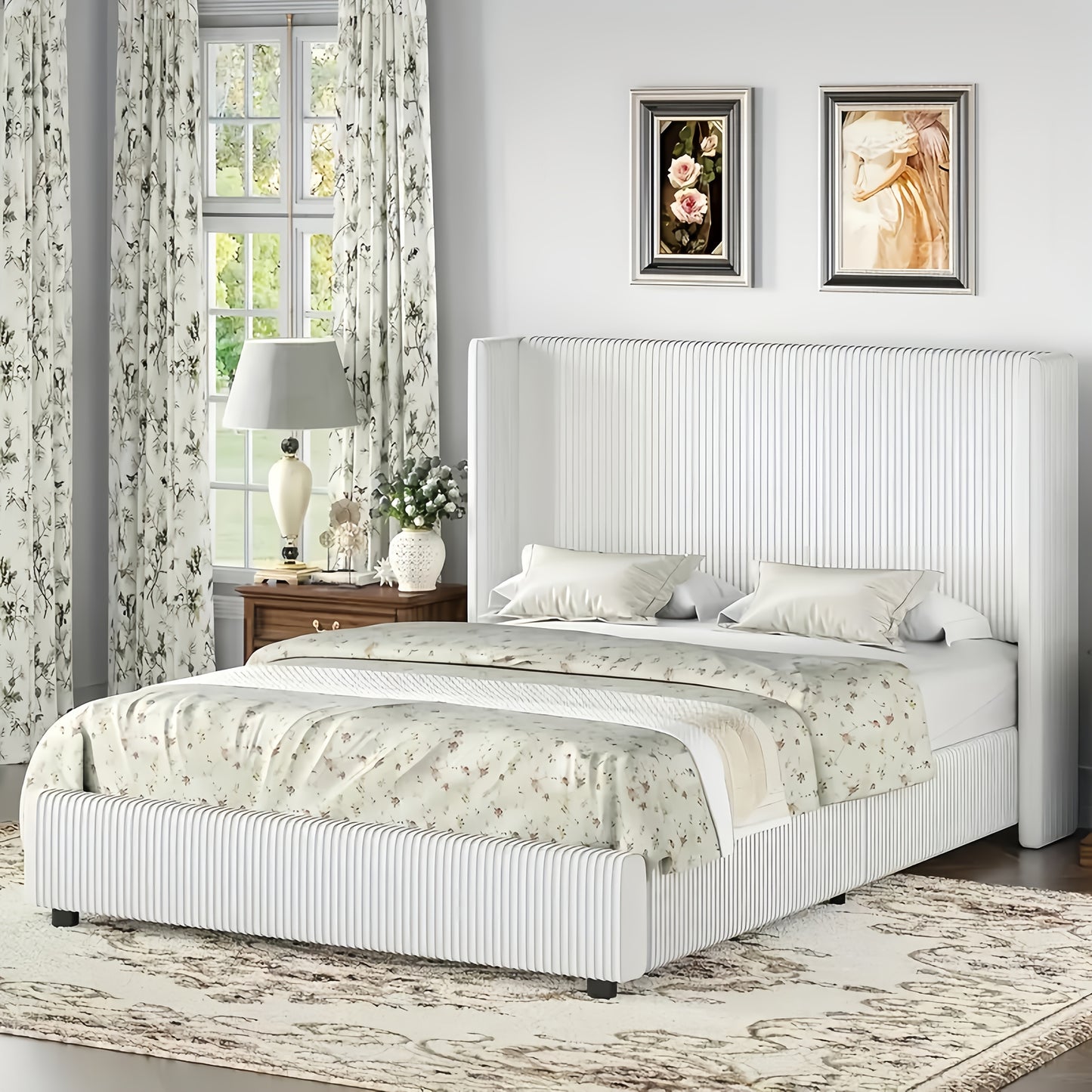 Bedroom Furniture| Elegant Beige Corduroy Upholstered Bed Frame - Soft, Low Profile Platform Bed with Vertical Tufted Headboard, No Box Spring Needed, Easy Assembly, Hardwood Fiber Board, Full Body Support, Bed Accessories