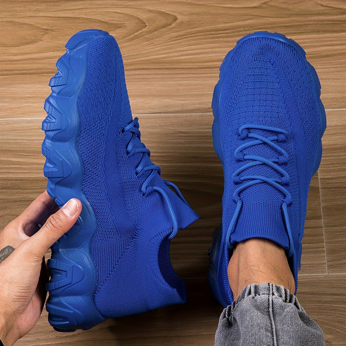 Men'S Casual Sneakers - Breathable Knit Upper, Geometric Pattern, Lace-Up Closure, Durable Rubber Sole, Comfortable Fabric Lining for Spring Sports & Casual Attire, Athletic Footwear | Geometric Pattern Shoes | Knit Construct