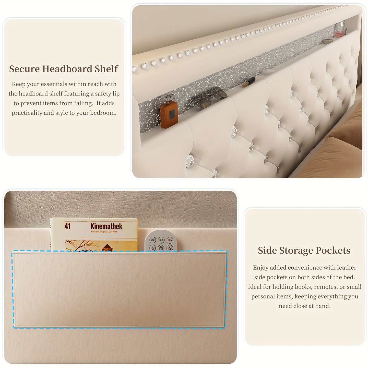 Sibeds Queen Size Bed Frame With LED Lights, Upholstered Bed Frames Full With 2 Storage Drawers, King Size Platform Bed With Adjustable Crystal Button Tufted Headboard, No Box Spring Needed, PU Luxury Beds Girls Men'S Bedroom