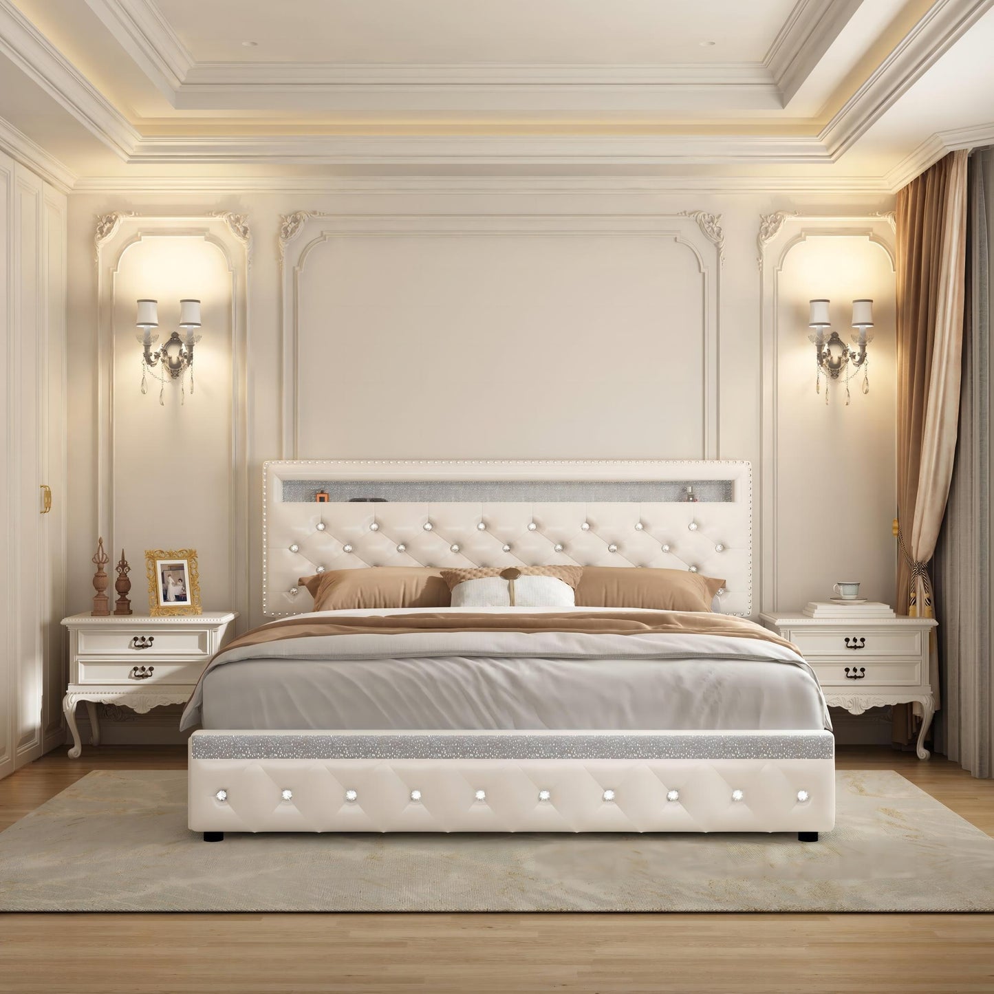 Sibeds Queen Size Bed Frame With LED Lights, Upholstered Bed Frames Full With 2 Storage Drawers, King Size Platform Bed With Adjustable Crystal Button Tufted Headboard, No Box Spring Needed, PU Luxury Beds Girls Men'S Bedroom