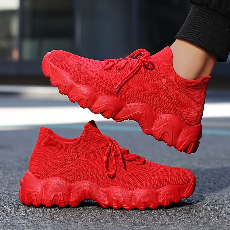 Men'S Casual Sneakers - Breathable Knit Upper, Geometric Pattern, Lace-Up Closure, Durable Rubber Sole, Comfortable Fabric Lining for Spring Sports & Casual Attire, Athletic Footwear | Geometric Pattern Shoes | Knit Construct