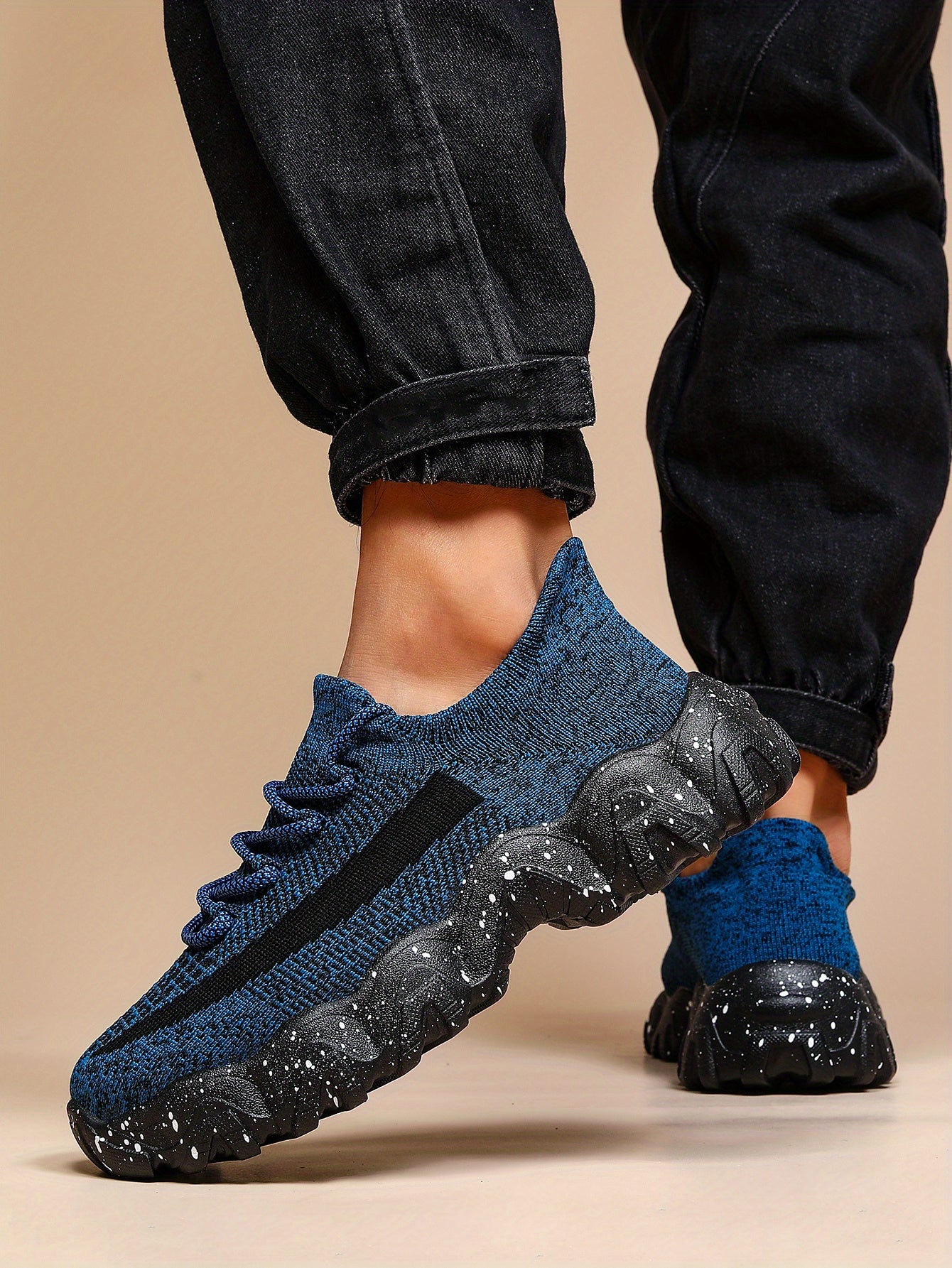 Men'S Casual Sneakers - Breathable Knit Upper, Geometric Pattern, Lace-Up Closure, Durable Rubber Sole, Comfortable Fabric Lining for Spring Sports & Casual Attire, Athletic Footwear | Geometric Pattern Shoes | Knit Construct