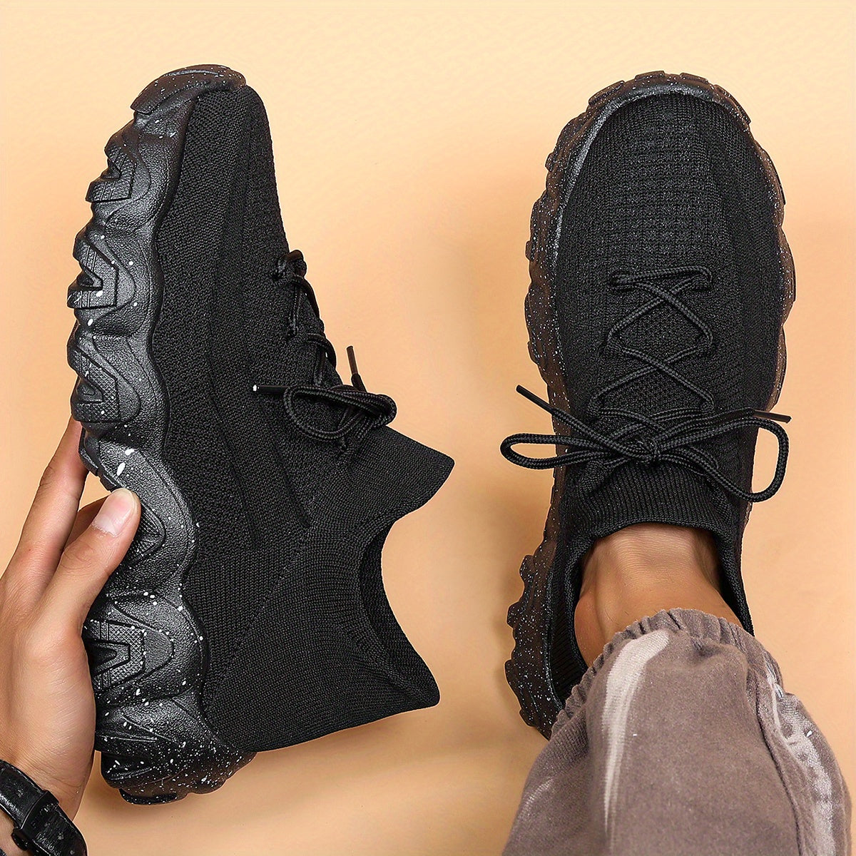 Men'S Casual Sneakers - Breathable Knit Upper, Geometric Pattern, Lace-Up Closure, Durable Rubber Sole, Comfortable Fabric Lining for Spring Sports & Casual Attire, Athletic Footwear | Geometric Pattern Shoes | Knit Construct