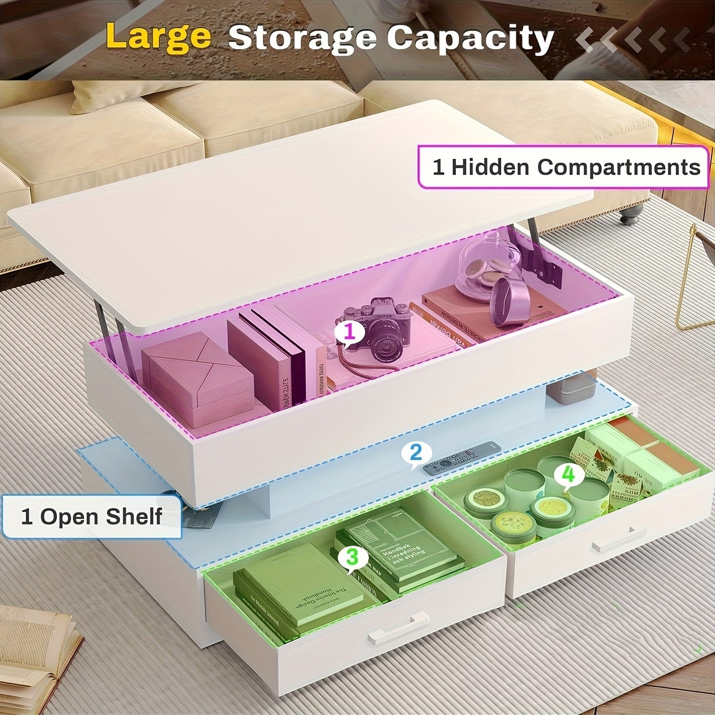 40" Lift-Top Coffee Table with LED Light & Storage Shelves - Adjustable Height, USB-Powered Modern Design, Large Capacity for Living Room, Bedroom, Office, Coffee Table for Living Room, Contemporary Furniture, Sleek Metal Fin
