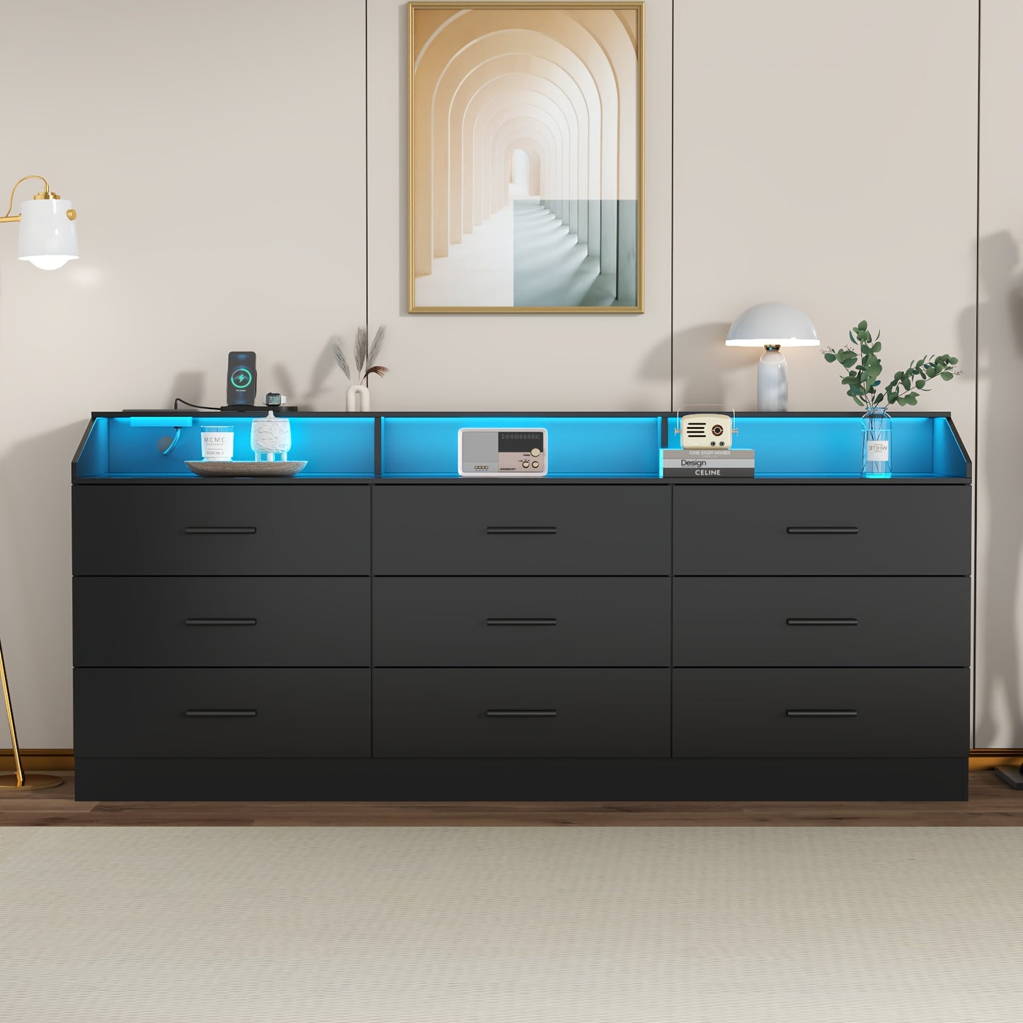 Modern Dresser with Integrated Power Outlet - 9-Drawer Storage Organizer, USB/US Plug, Space-Saving Design for Bedroom, Living Room, Entryway - Easy Assembly Required, Dresser for Bedroom, Bedroom Furniture, Contemporary Styl