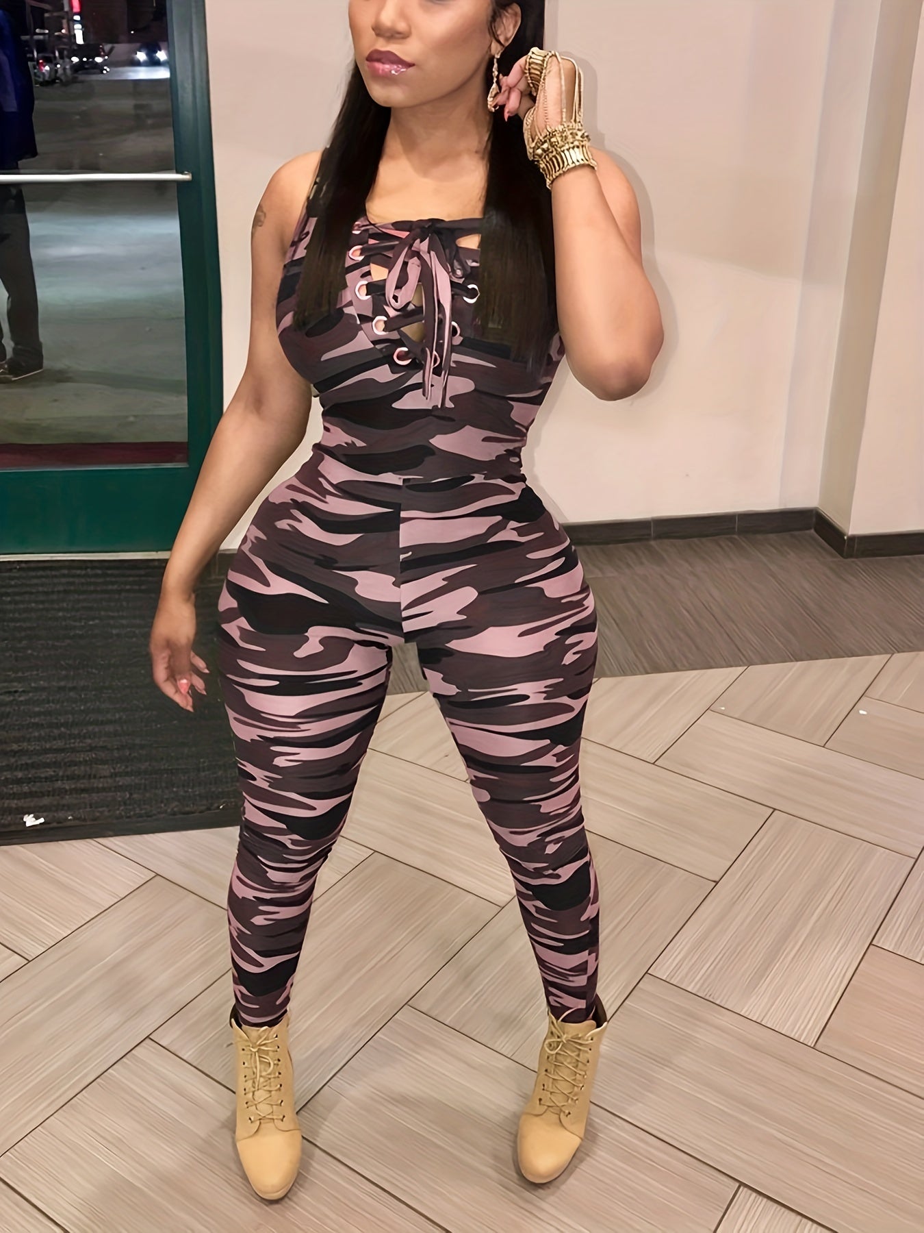 Sleeveless Leopard Print Sexy Jumpsuit, Skinny Camouflage Knitted Jumpsuit, Women's Clothing