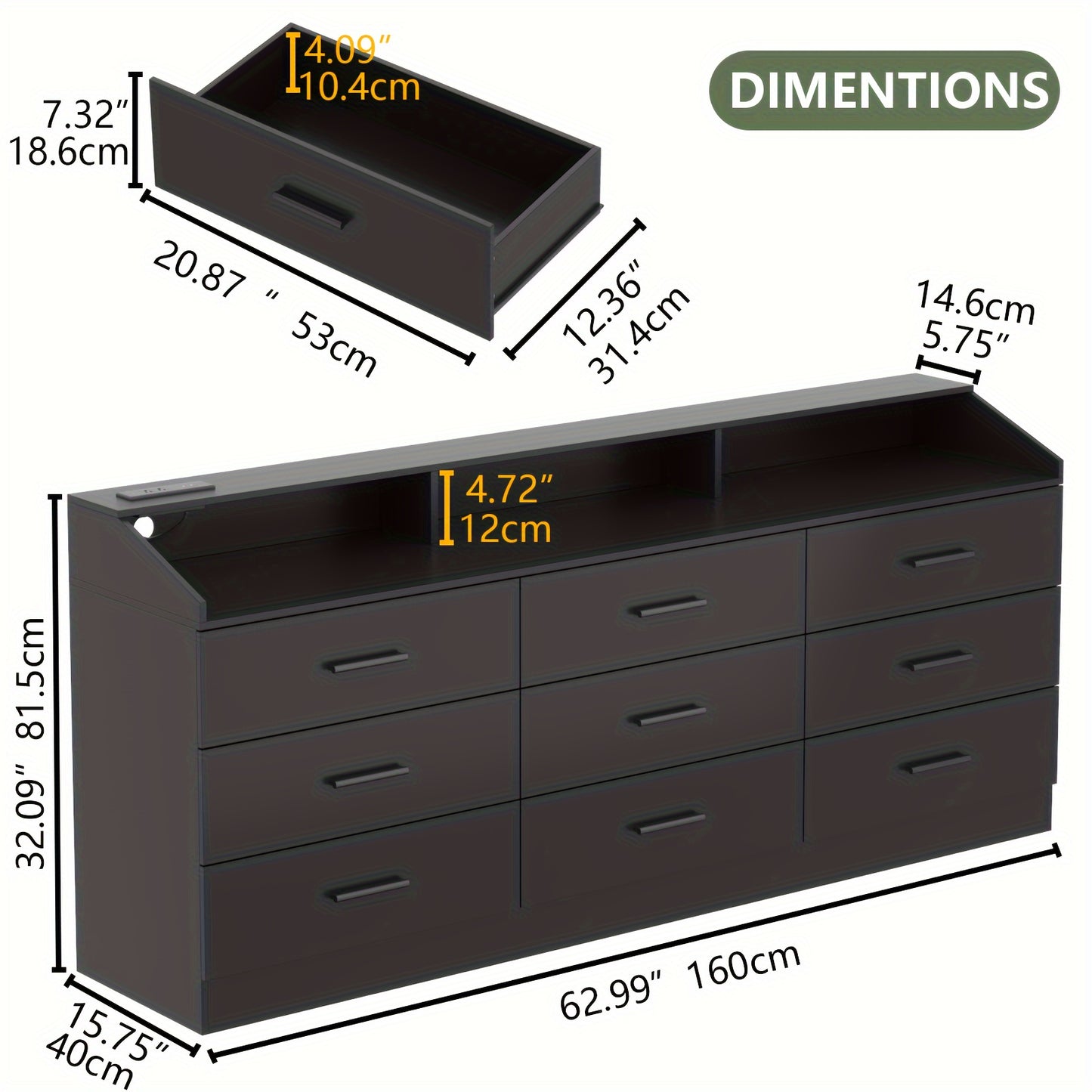 Modern Dresser with Integrated Power Outlet - 9-Drawer Storage Organizer, USB/US Plug, Space-Saving Design for Bedroom, Living Room, Entryway - Easy Assembly Required, Dresser for Bedroom, Bedroom Furniture, Contemporary Styl