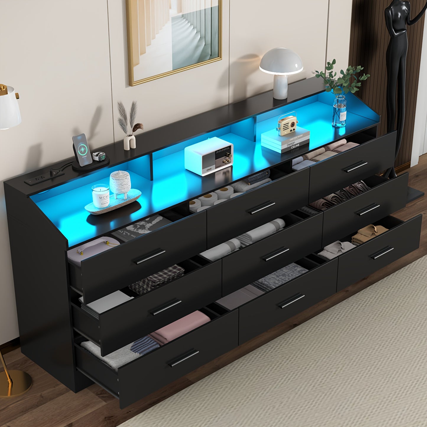 Modern Dresser with Integrated Power Outlet - 9-Drawer Storage Organizer, USB/US Plug, Space-Saving Design for Bedroom, Living Room, Entryway - Easy Assembly Required, Dresser for Bedroom, Bedroom Furniture, Contemporary Styl