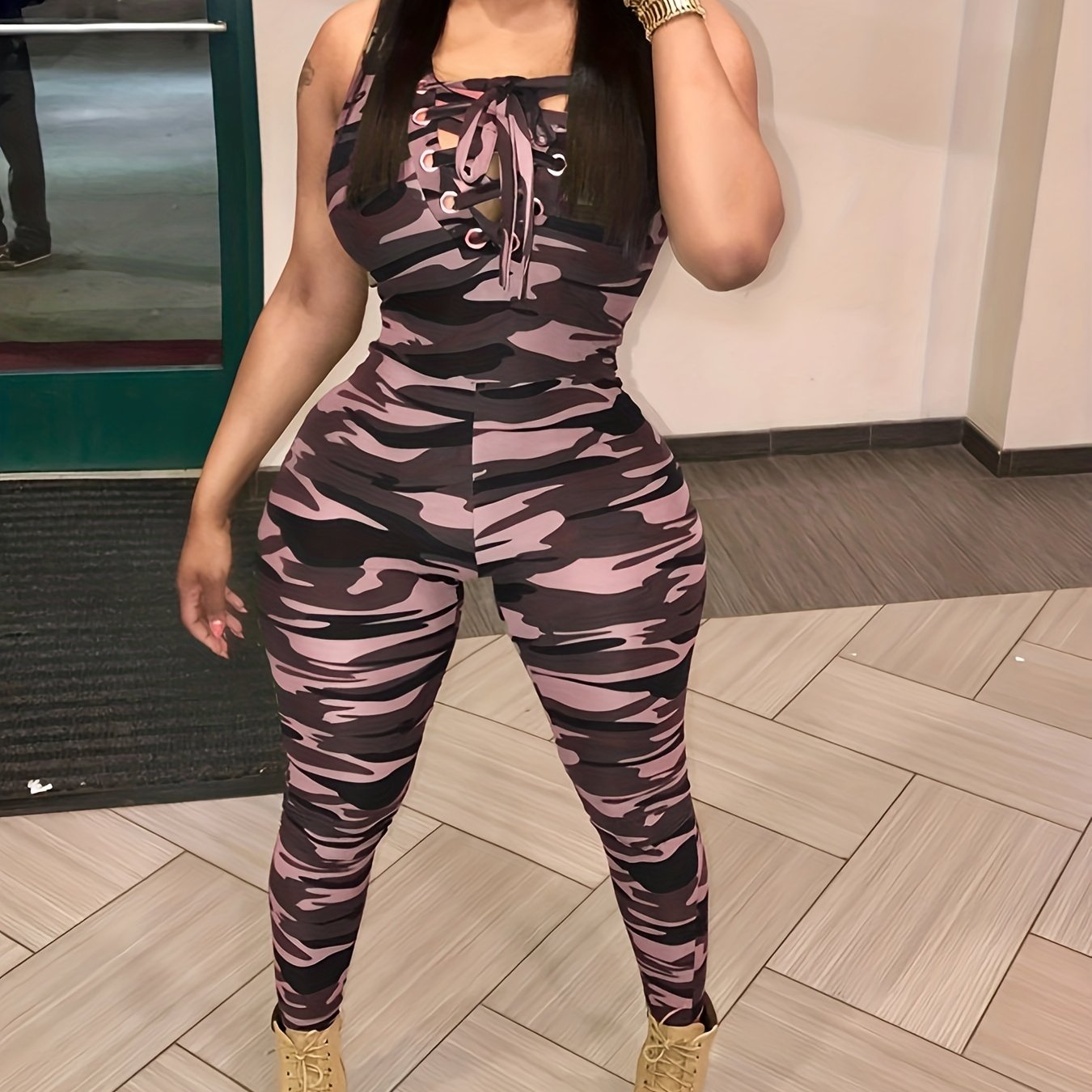 Sleeveless Leopard Print Sexy Jumpsuit, Skinny Camouflage Knitted Jumpsuit, Women's Clothing