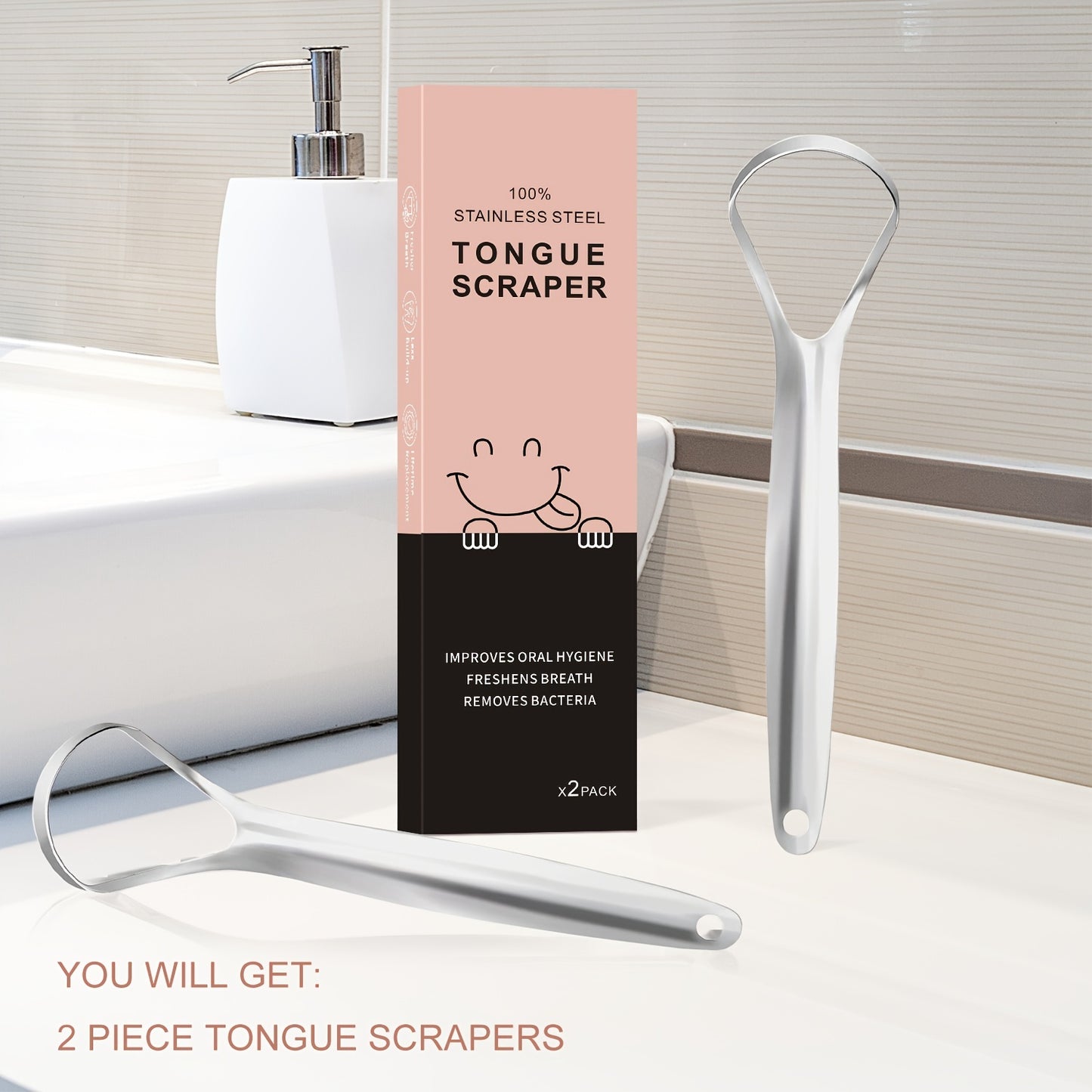 Buy 1 Get 1 Free, total of 2 pcs Premium Stainless Steel Tongue Scrapers - Effective Tongue Cleaner for Fresh Breath, Remove Bacteria, and Boost Oral Health - Easy to Use, Durable, and Portable Design for Personal Care