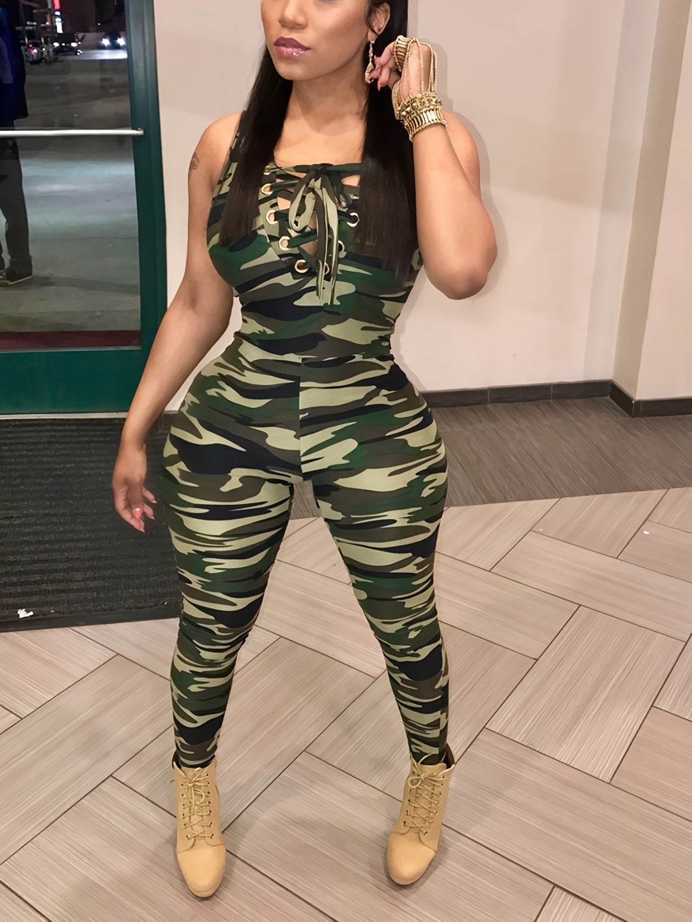 Sleeveless Leopard Print Sexy Jumpsuit, Skinny Camouflage Knitted Jumpsuit, Women's Clothing