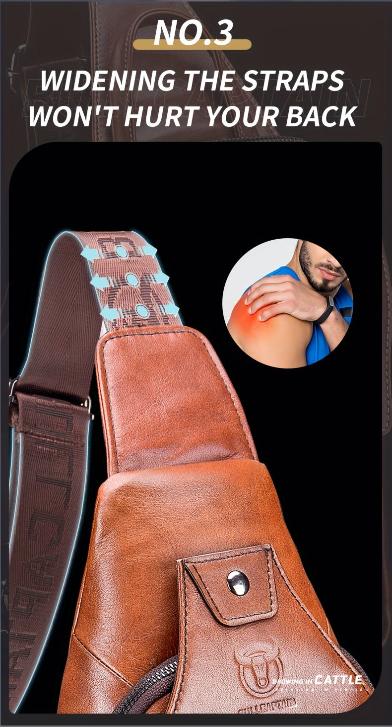 Fashion-Forward Men's Genuine Leather Bag: Adjustable, Spacious & Detailed for All Outings