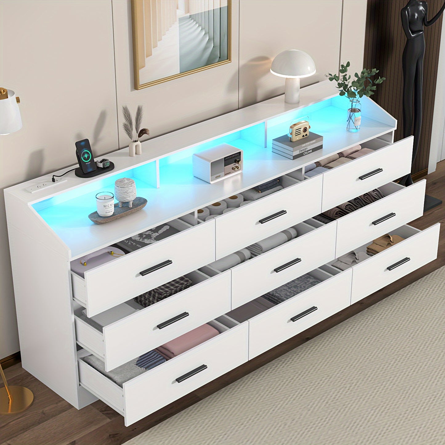 Modern Dresser with Integrated Power Outlet - 9-Drawer Storage Organizer, USB/US Plug, Space-Saving Design for Bedroom, Living Room, Entryway - Easy Assembly Required, Dresser for Bedroom, Bedroom Furniture, Contemporary Styl