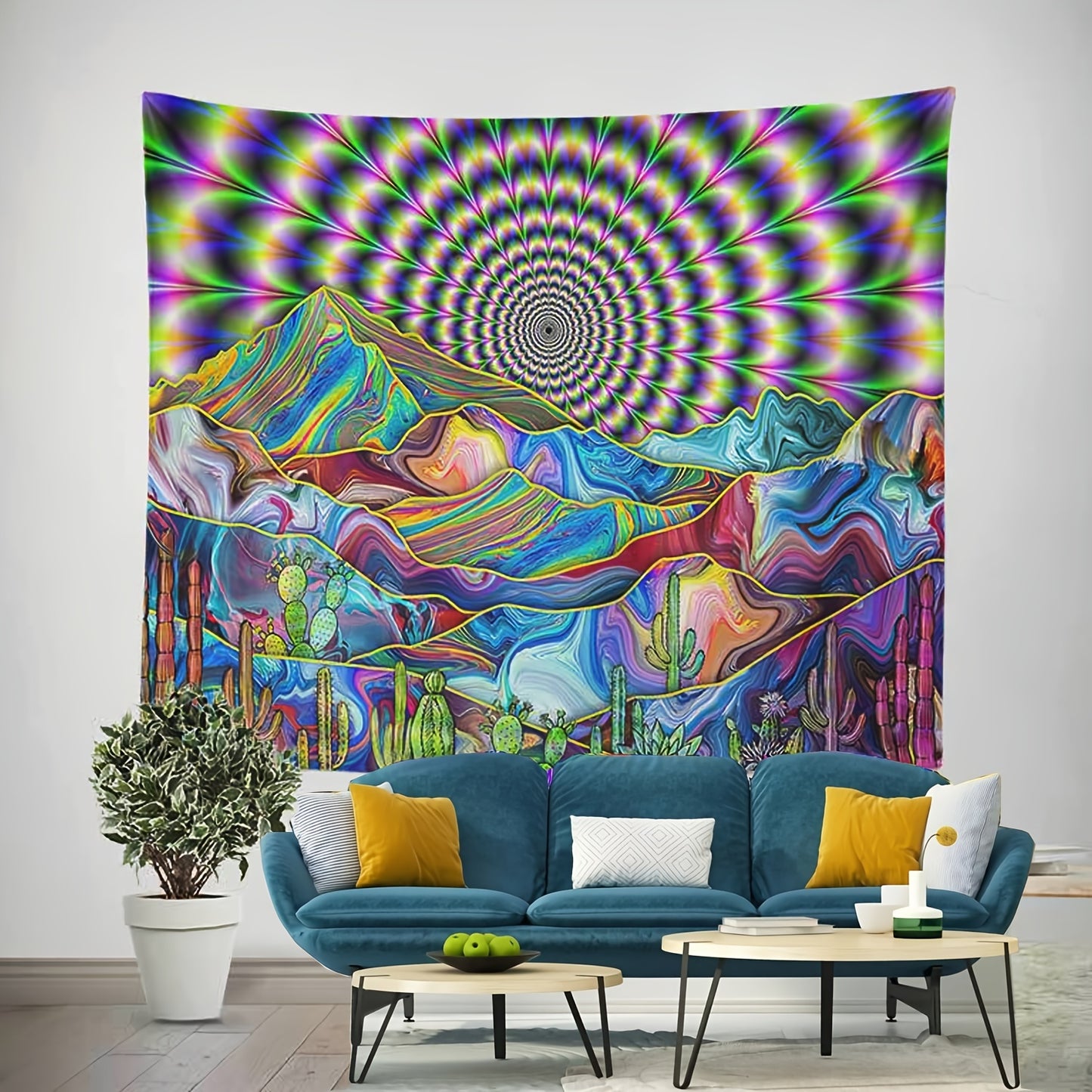 Colorful Psychedelic Mountain Tapestry: Modern Abstract Art for Bedroom or Living Room