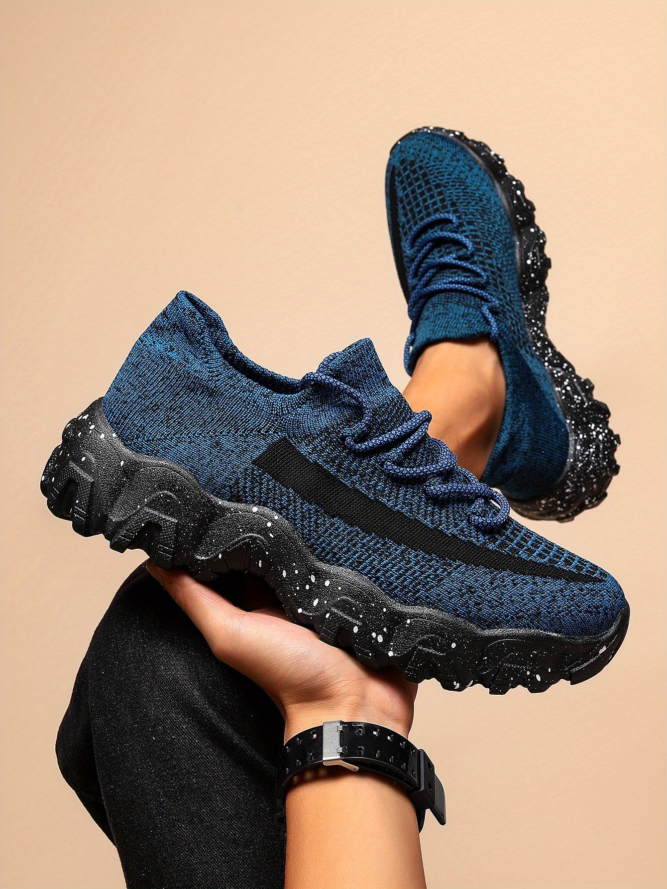 Men'S Casual Sneakers - Breathable Knit Upper, Geometric Pattern, Lace-Up Closure, Durable Rubber Sole, Comfortable Fabric Lining for Spring Sports & Casual Attire, Athletic Footwear | Geometric Pattern Shoes | Knit Construct